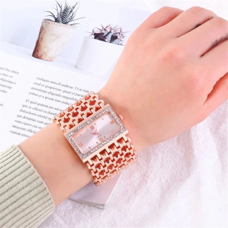 2024 New Watch For Women Fashion Light luxury Square Diamond Quartz Watches Clock Lady's Gold Stainless Steel Bracelet