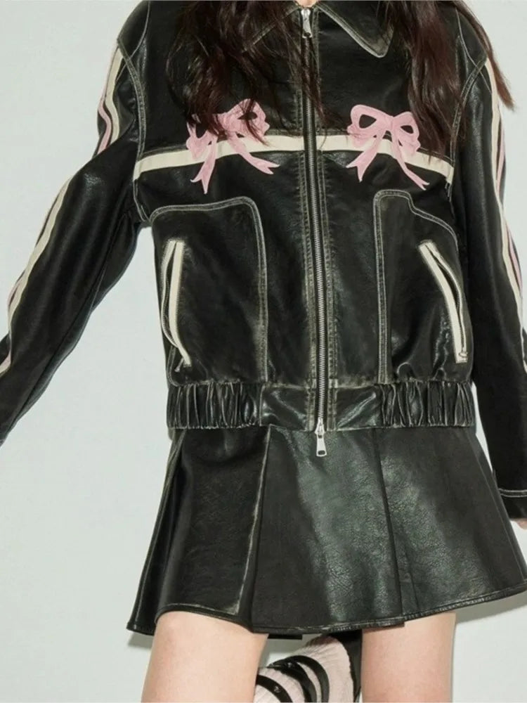 New Bow Y2k Motorcycle PU Leather Jacket Fashion Women Zipper Polo-neck Sweet Cool Coat 2024 Autumn Vintage Street Oversize Top