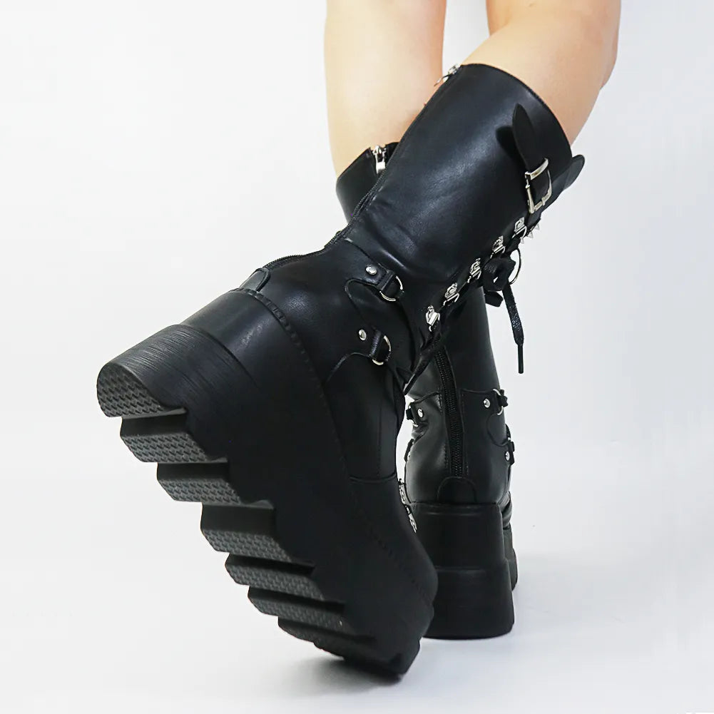 Gothic Style Platform Vampire Cosplay Women Mid-calf Boots Autumn Wedges Comfortable Woman Motorcycle Boots Shoes Plus Size