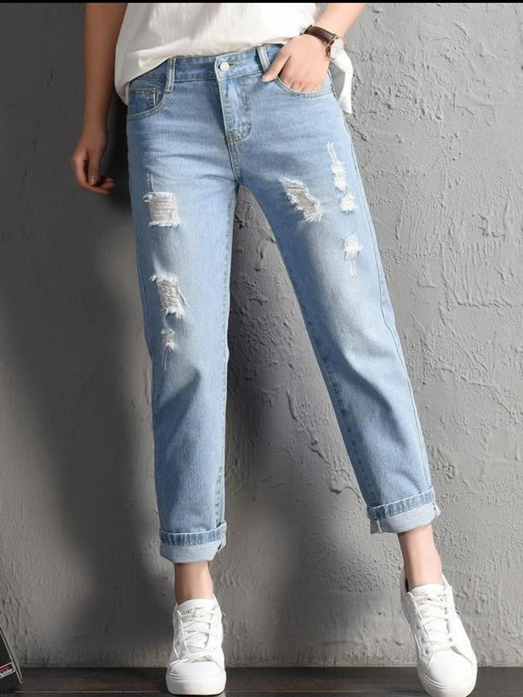 Trendy and Sexy Women Fashion Mid Waist Boyfriend Big Ripped Hole Jeans - Casual High Street Denim Pants for Vintage Style