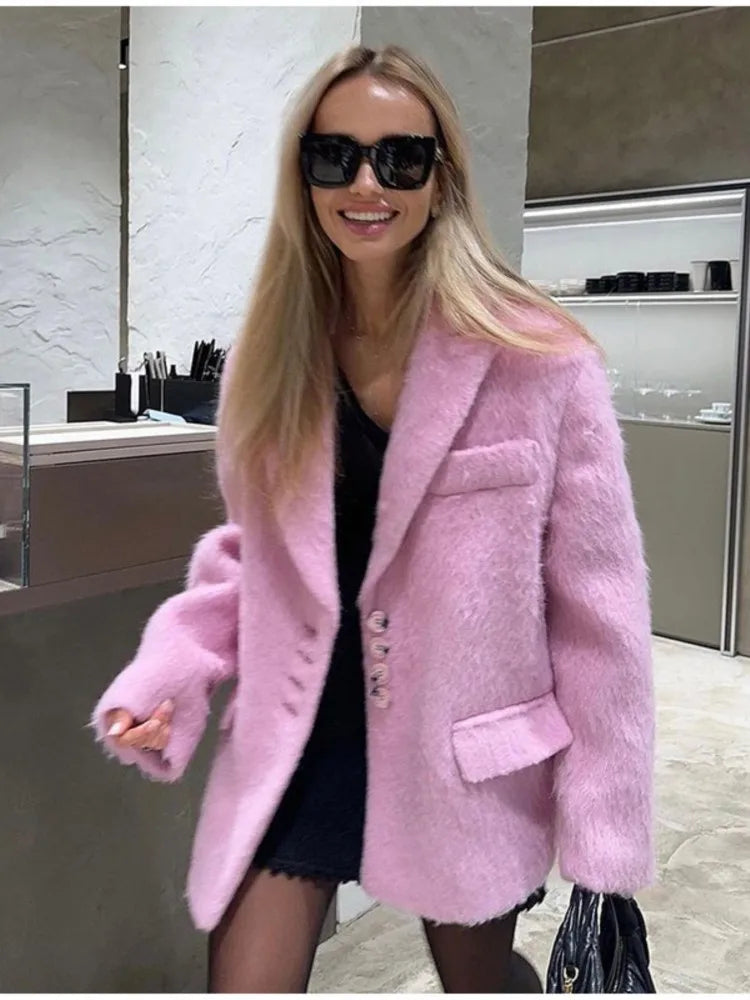 Single-Breasted Lapel Jacket Women's Solid Plush Coat with Double Pockets, Long Sleeves Autumn Elegance for Casual or Office Wear