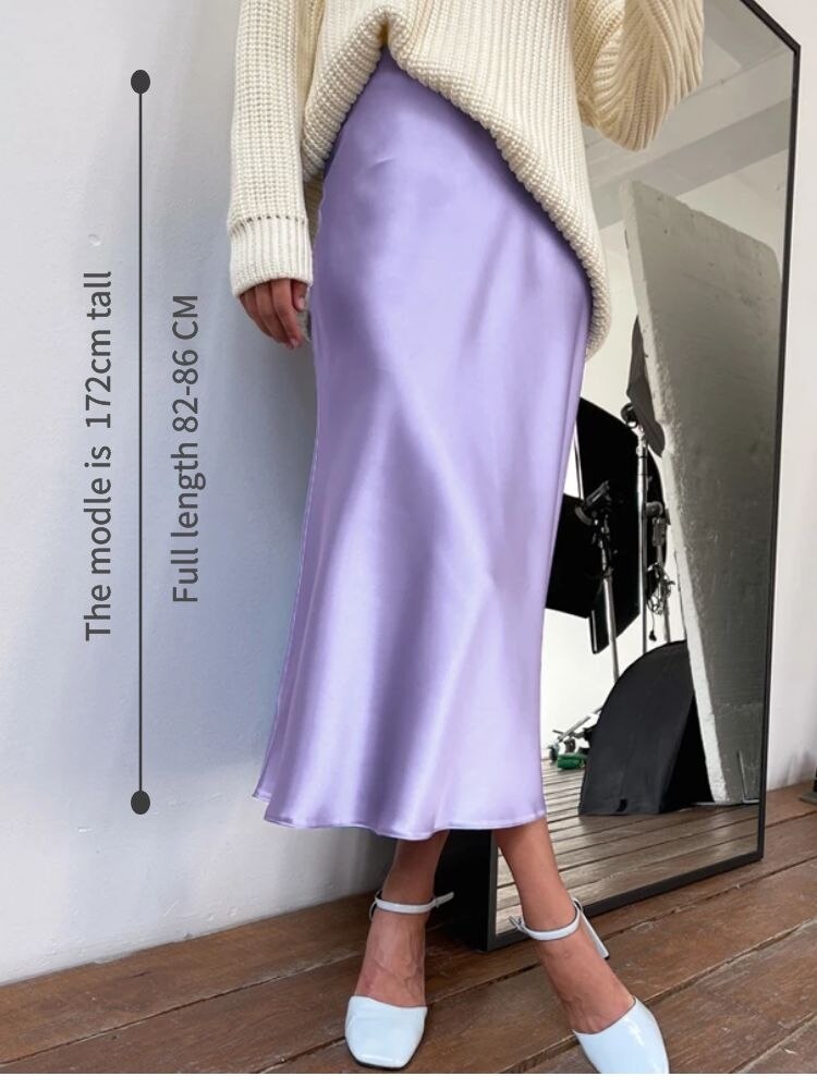 New Korean Style Elegant High-Waisted Silk Satin Skirt - Women's Pink Midi Skirt, A-Line Pencil Skort long
Skirt
