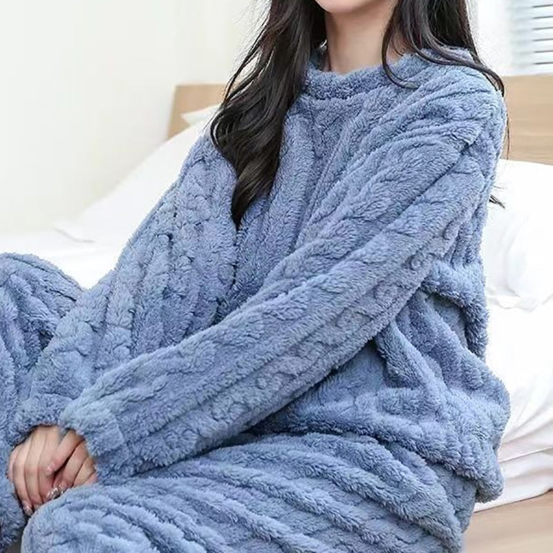 Autumn Winter Women's Casual Pajama Sets - Thicken Velvet Ribbed Fleece Set with Warm Pullover and Pants, 2-Piece Cozy Ensemble