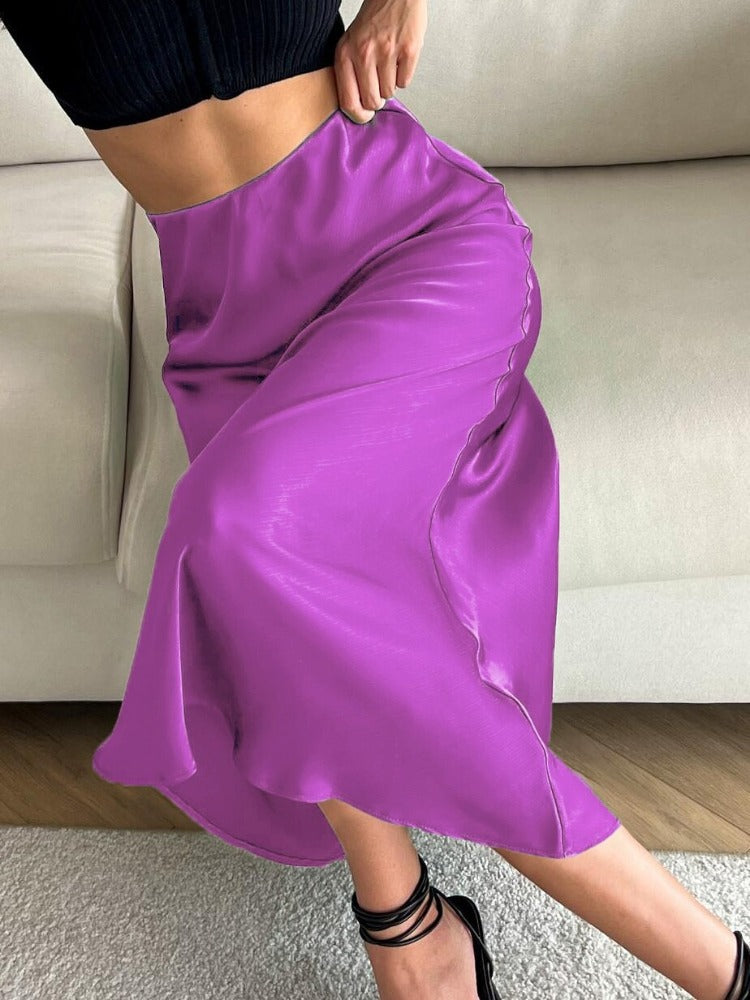 New Korean Style Elegant High-Waisted Silk Satin Skirt - Women's Pink Midi Skirt, A-Line Pencil Skort long
Skirt