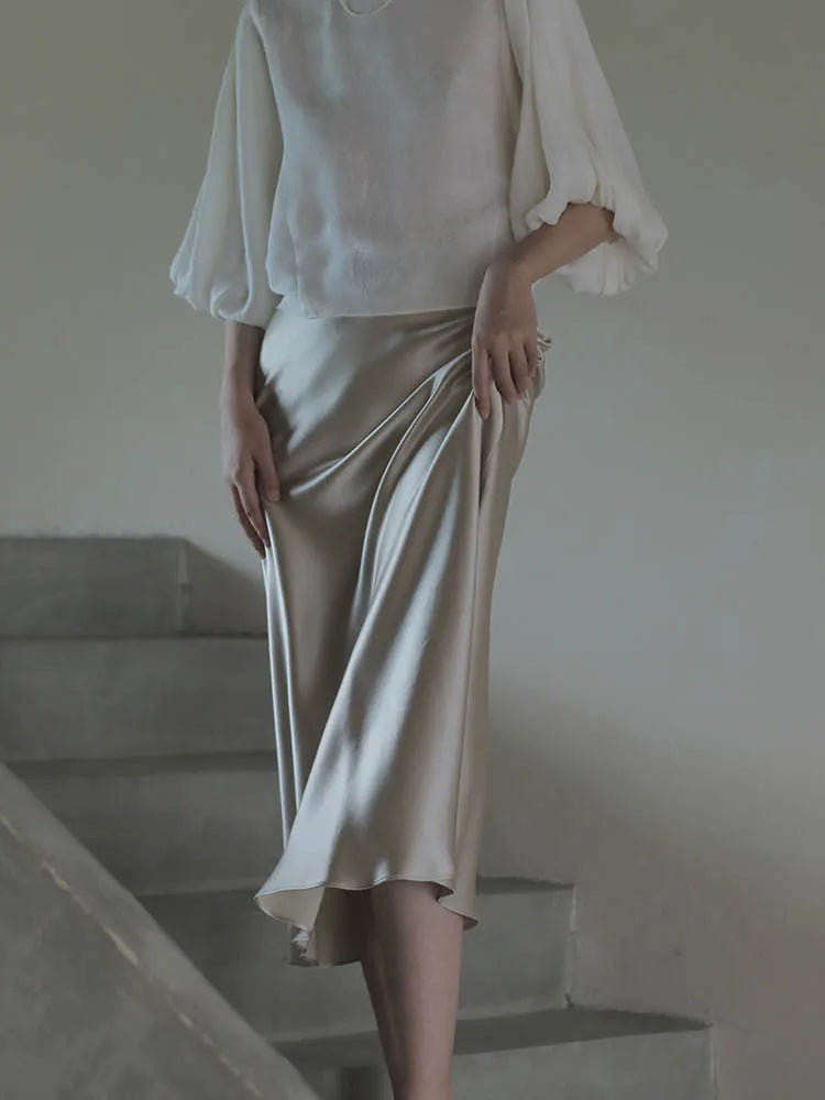 Elegant Women's Skirts Korean Fashion Satin Silk A-line Skirt Office Black Champagne Long Summer Skirts Woman Fashion 2024