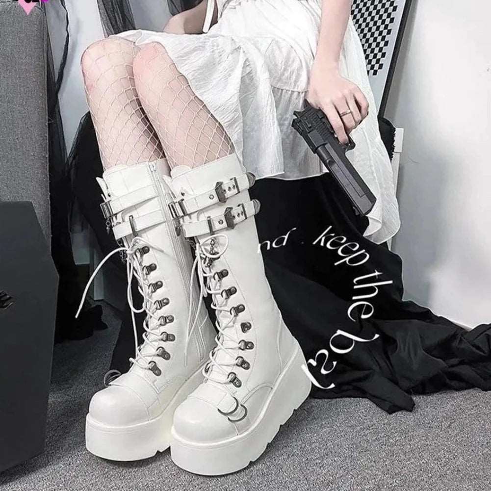 Autumn Gothic Halloween Mid Calf Boots Women Wedges High Heels Punk Street Platform Boots Female Cosplay Shoes For Woman