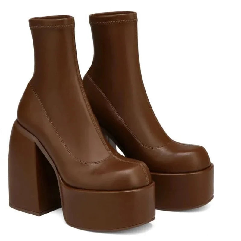 Autumn Winter Round Toe Ladies Matin Boots Jeans Platform Boots Chunky Heels Boots White Women's Shoes Big Size 41 42