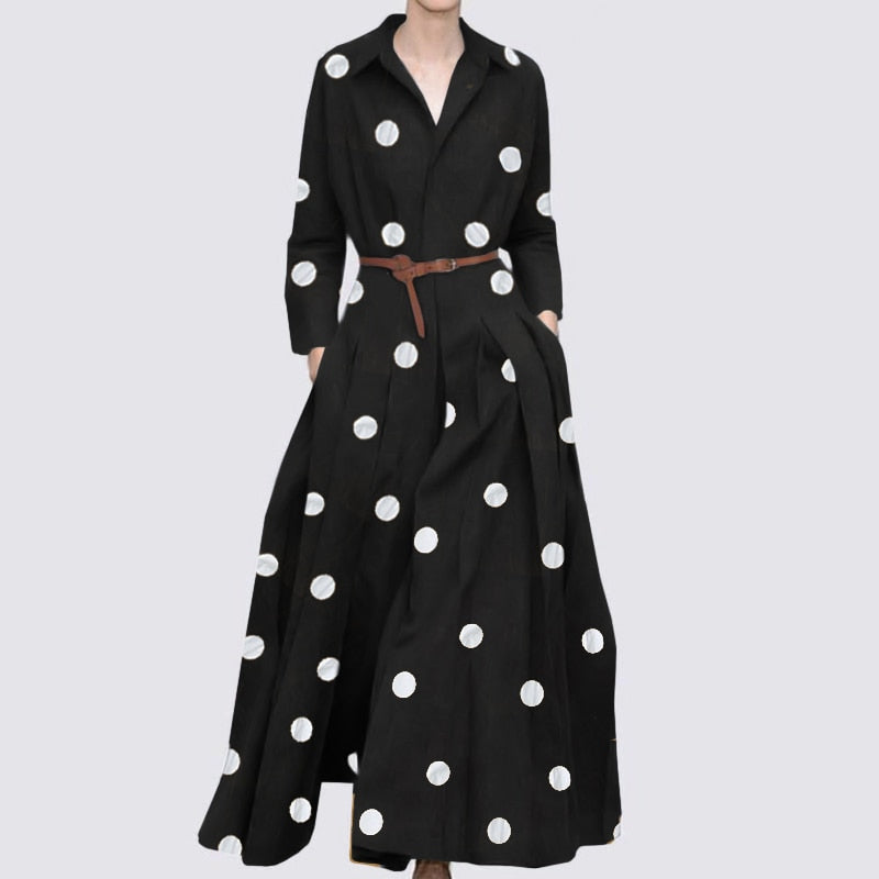 Elegant Polka Dot Shirt Dress: Autumn 2023 Women's Maxi Dress with Chic Bohemian Style