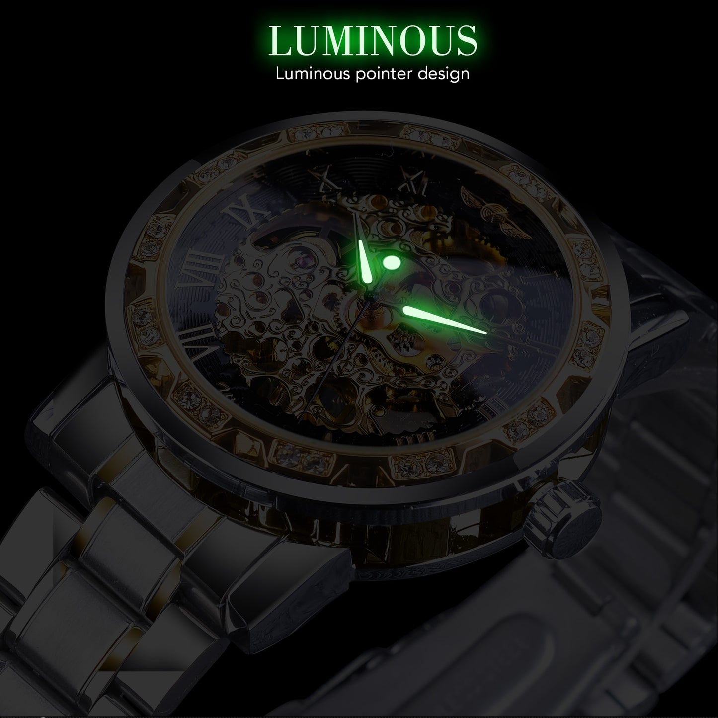 Winner Transparent Fashion Diamond Luminous Gear Movement Watch | Luxury brand Mechanical Skeleton Wristwatch
