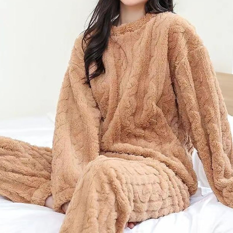 Autumn Winter Women's Casual Pajama Sets - Thicken Velvet Ribbed Fleece Set with Warm Pullover and Pants, 2-Piece Cozy Ensemble