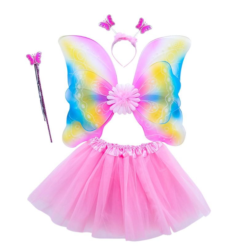Adult Kids 4Pcs Fairy Costume Set LED Simulation Butterfly Wings Pointed Tutu Skirt Headband Wand Princess Girls Party Dress Up