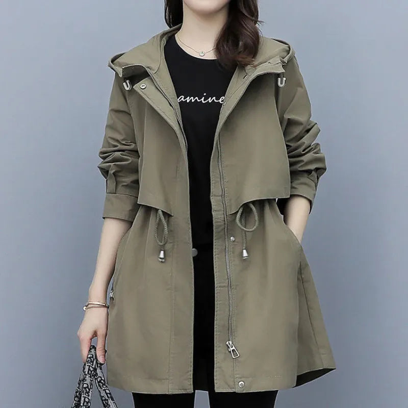 Women's Mid-length Trench Coat Hooded Zipper, British Style Loose Coats.