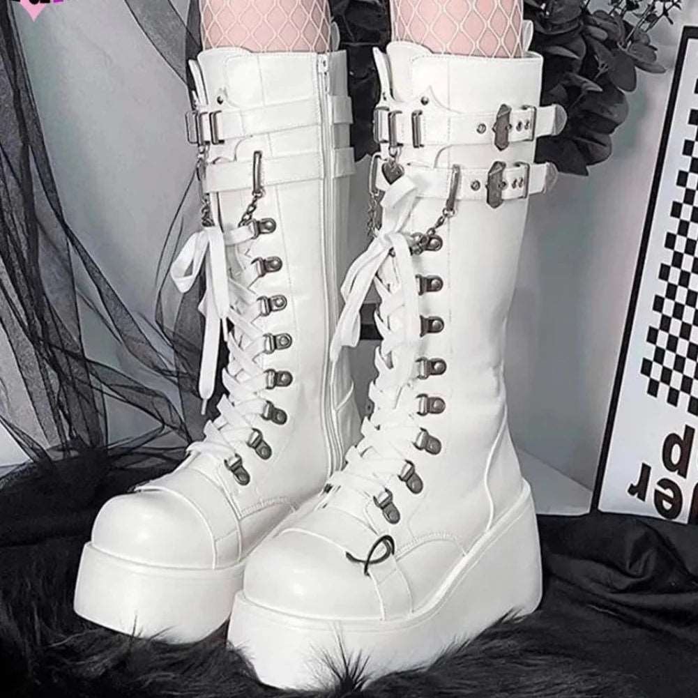 Autumn Gothic Halloween Mid Calf Boots Women Wedges High Heels Punk Street Platform Boots Female Cosplay Shoes For Woman