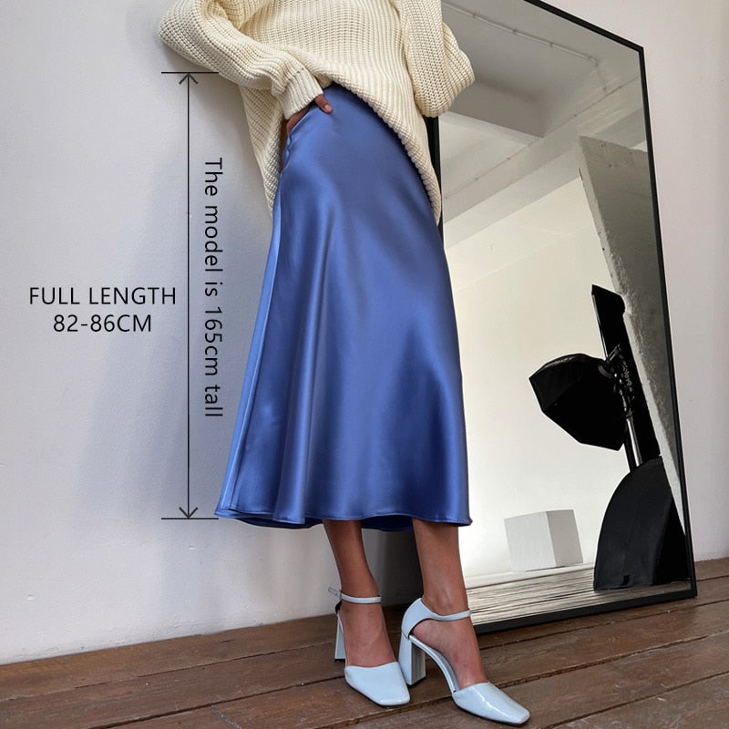 New Korean Style Elegant High-Waisted Silk Satin Skirt - Women's Pink Midi Skirt, A-Line Pencil Skort long
Skirt