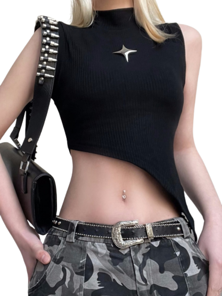 Dark Academia Rivet Patchwork Crop Tops