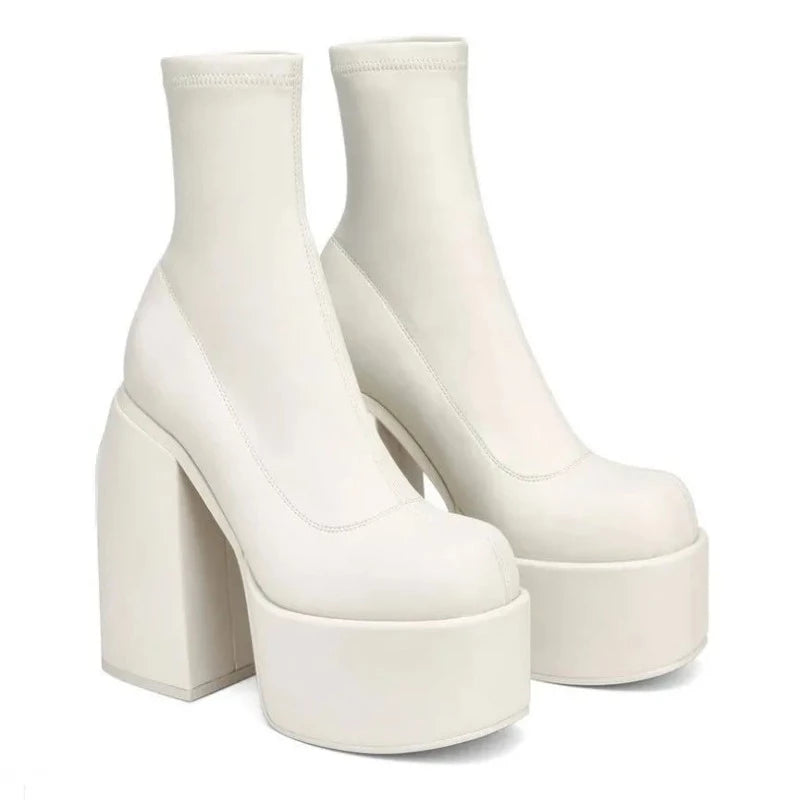 Autumn Winter Round Toe Ladies Matin Boots Jeans Platform Boots Chunky Heels Boots White Women's Shoes Big Size 41 42