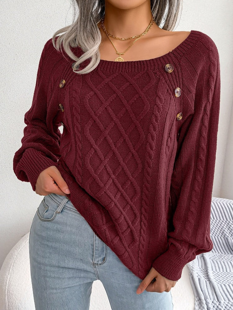 Casual Square Collar Knitted Pullovers and Sweaters for Women: Long Sleeve, Buttons, Ideal for Autumn and Winter