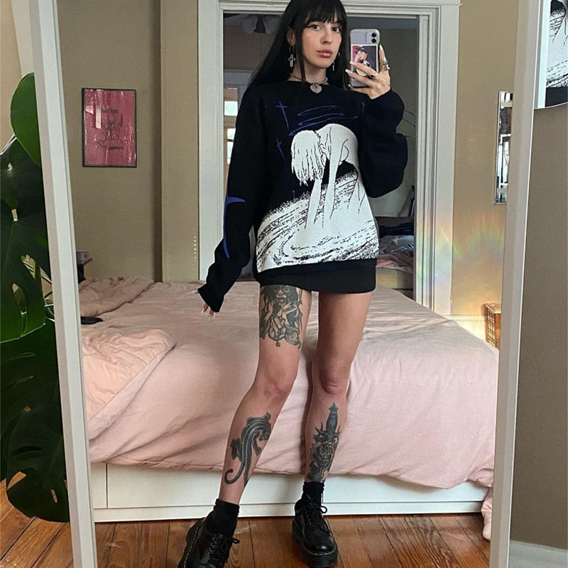 Y2K Women's Oversized Harajuku Knitwear Cute Anime Print Pattern O Neck Pullover Sweater Girls Streetwear Knitting