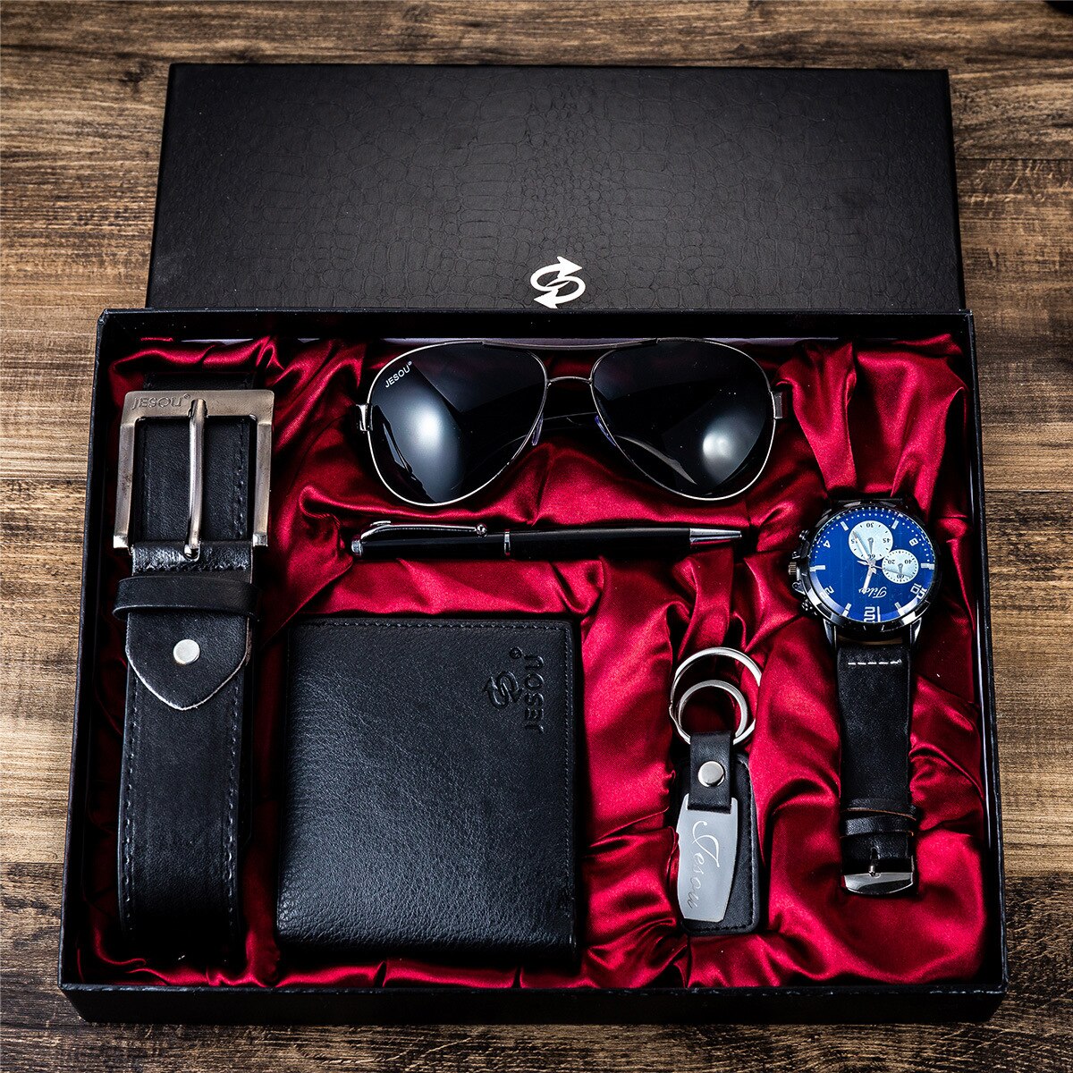 Men's Set The Perfect Father's Day Gift - 6-in-1 Watch, Glasses, Pen, Keychain, Belt, and Purse for a Memorable Holiday or Birthday Celebration