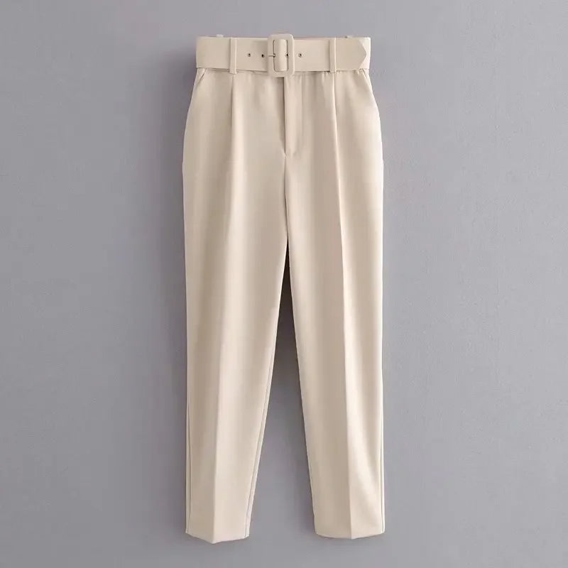 2005 New Spring Fall Solid Color High-waisted Straight Career Commuter Pants Women's, Multi-color Casual Female Pants with Belt