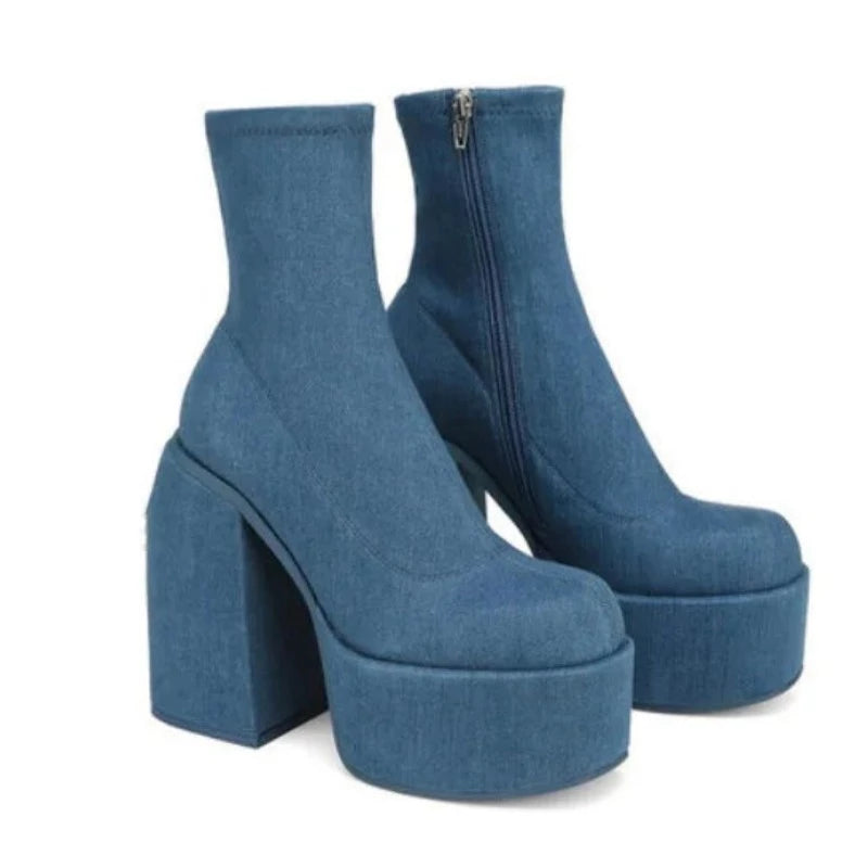 Autumn Winter Round Toe Ladies Matin Boots Jeans Platform Boots Chunky Heels Boots White Women's Shoes Big Size 41 42