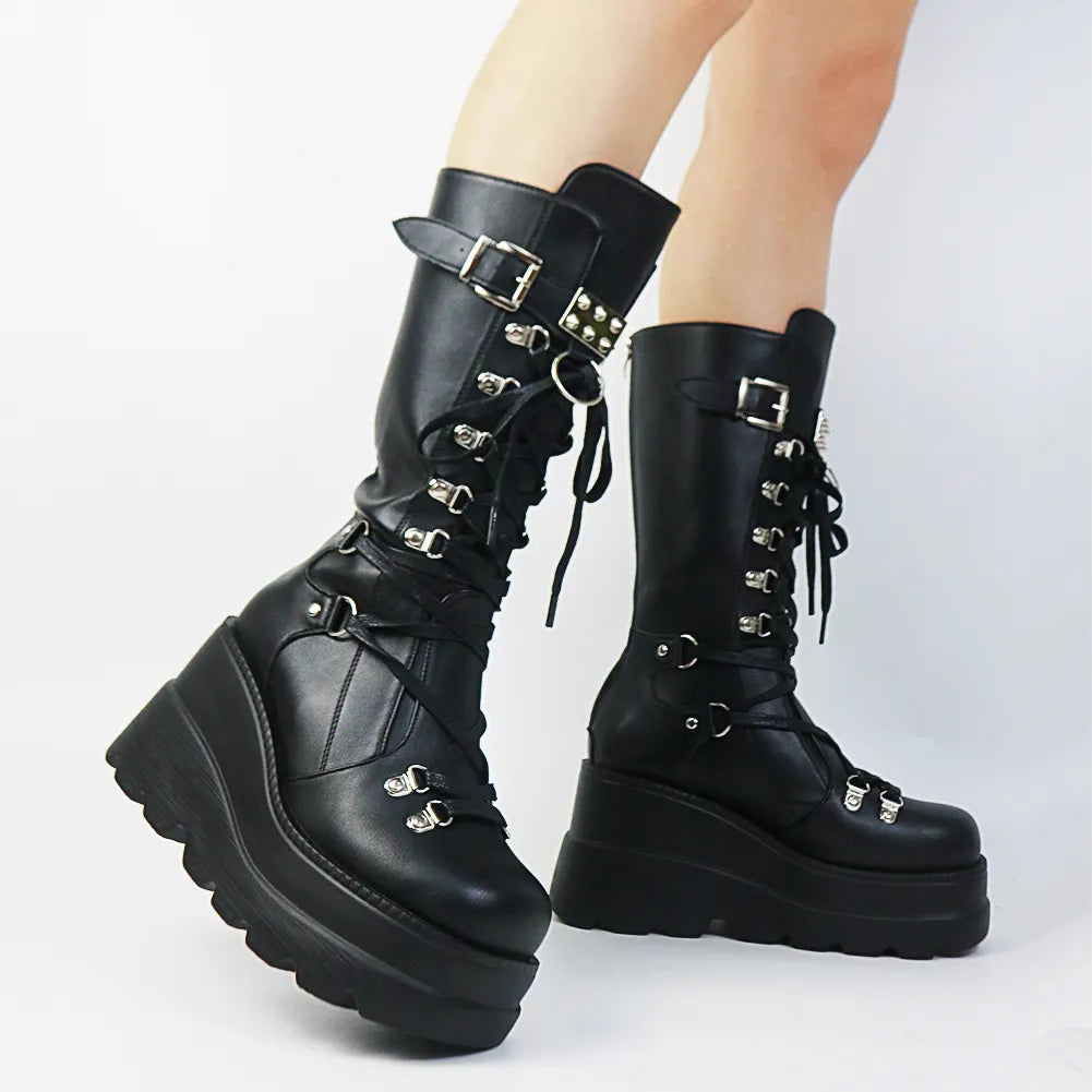 Gothic Style Platform Vampire Cosplay Women Mid-calf Boots Autumn Wedges Comfortable Woman Motorcycle Boots Shoes Plus Size