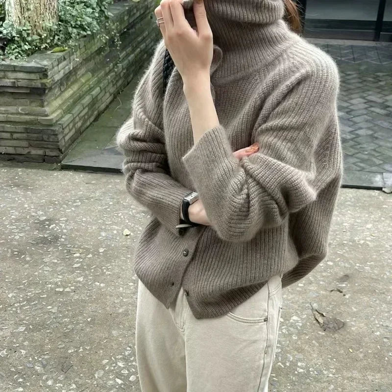2025 Women's Turtleneck Cardigan Sweater - Cozy Autumn & Winter Knitted Coat