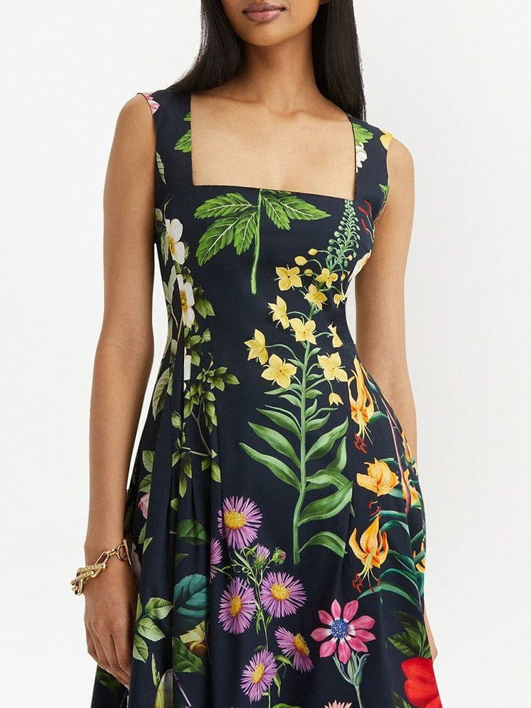 Vintage Print Floral Dress For Women Square Collar Sleeveless High Waist Backless Colorblock Midi Dresses Female Clothes New