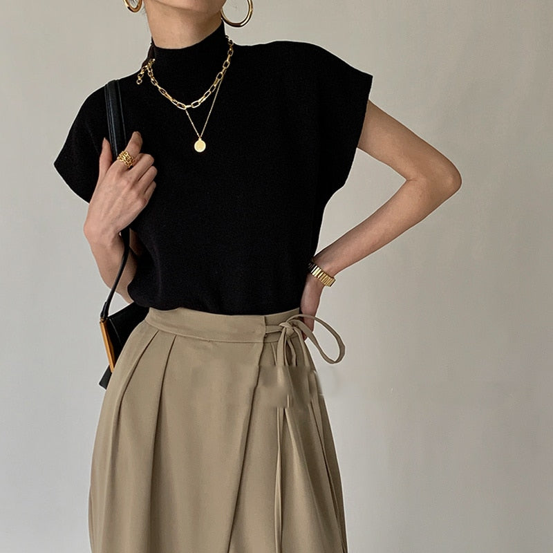 Elegant Office Lady Fashion: Solid Stand-up Collar Knitted Sweater Vest Shirt with Short Sleeve