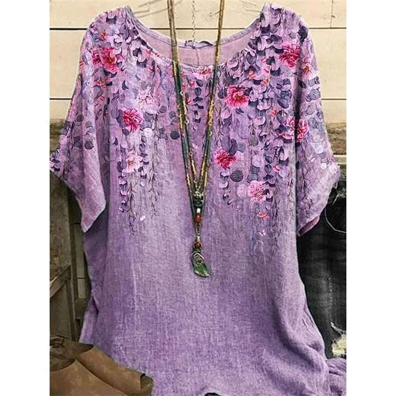 2024 Round Collar Flower Print Tops - Spring/Summer Edition, Loose Fit, Short Sleeves, Oversized Tee Shirt