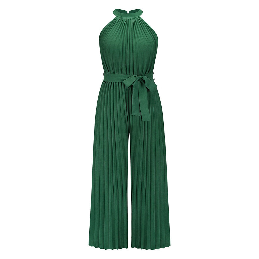 Solid Color Pleated Ruched Party Jumpsuit Women Elegant Halter Summer Autumn Sleeveless Office Playsuit Wide Leg Pants Rompers