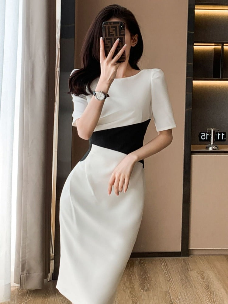 Chic Color Blocking Bodycon Office Casual Dress Women Sheath Pencil Dresses