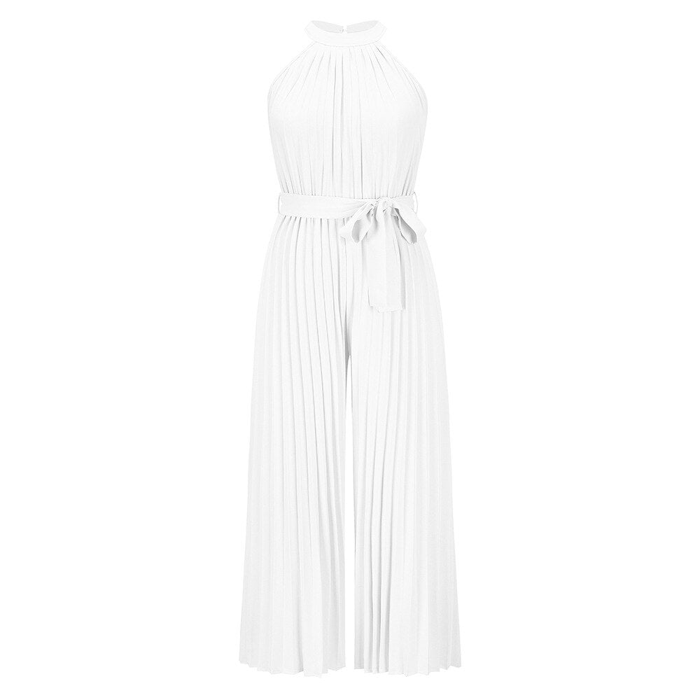 Solid Color Pleated Ruched Party Jumpsuit Women Elegant Halter Summer Autumn Sleeveless Office Playsuit Wide Leg Pants Rompers
