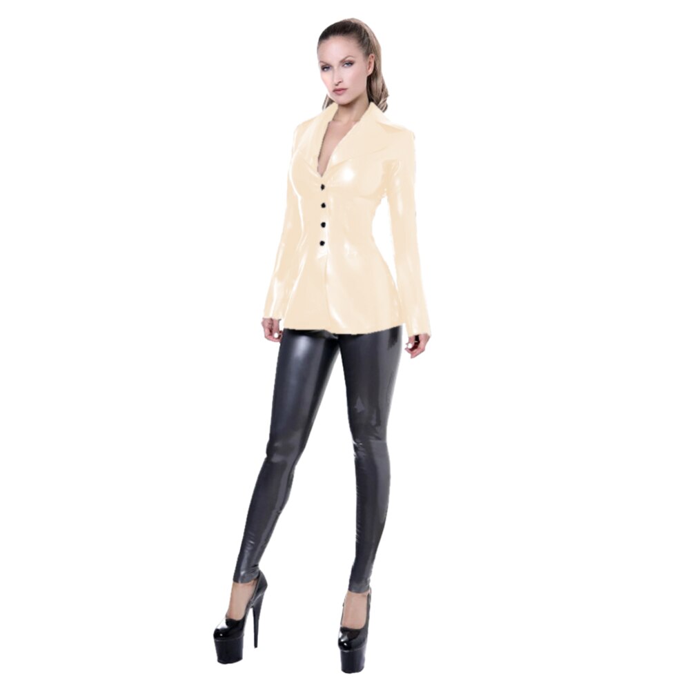 Fashion Buttons Shiny PVC Suit Jacket for Women Sexy Faux Leather Coat Dress