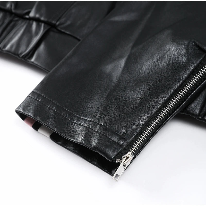 New Bow Y2k Motorcycle PU Leather Jacket Fashion Women Zipper Polo-neck Sweet Cool Coat 2024 Autumn Vintage Street Oversize Top