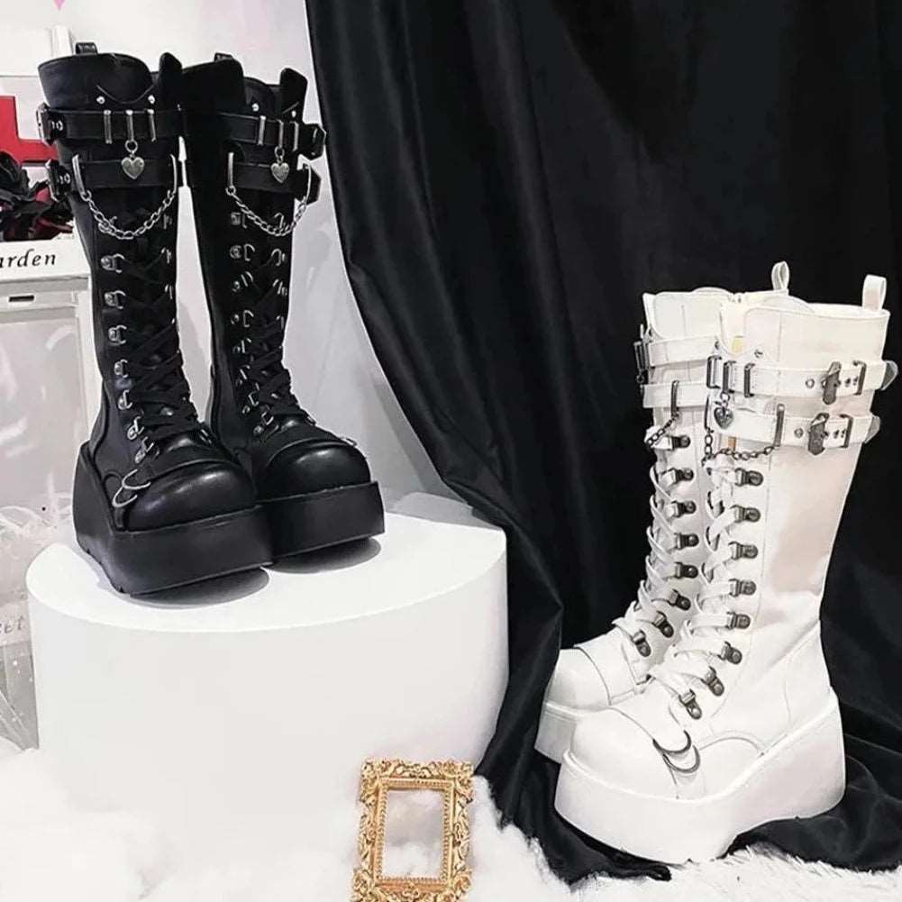 Autumn Gothic Halloween Mid Calf Boots Women Wedges High Heels Punk Street Platform Boots Female Cosplay Shoes For Woman