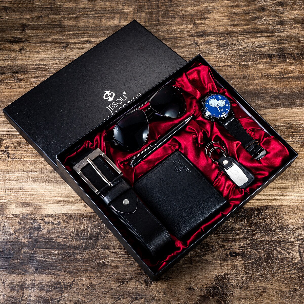 Men's Set The Perfect Father's Day Gift - 6-in-1 Watch, Glasses, Pen, Keychain, Belt, and Purse for a Memorable Holiday or Birthday Celebration