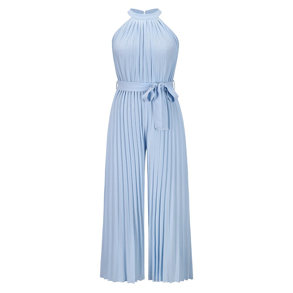 Solid Color Pleated Ruched Party Jumpsuit Women Elegant Halter Summer Autumn Sleeveless Office Playsuit Wide Leg Pants Rompers