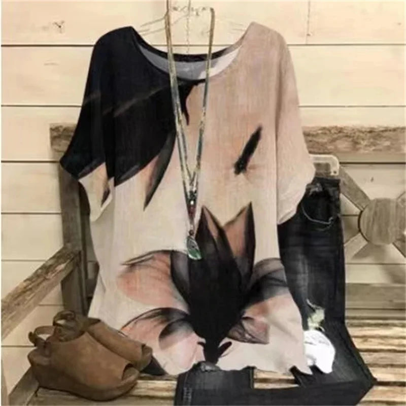 Flower Print Tops Vintage Pullover Spring Summer Loose Short Sleeves Oversized Tee Shirt Fashion T-Shirt