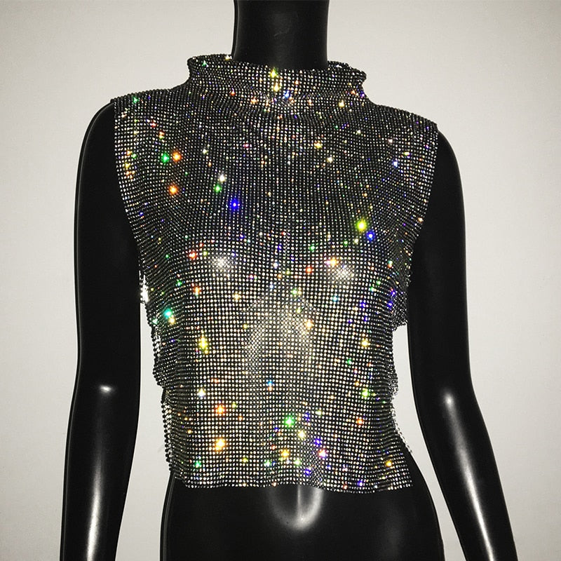 Sexy Rhinestone Glitter Turtleneck T-Shirt Women Backless Party Crop Top Adjustable Metal Chain Diamond Tank Top Summer Nightclub