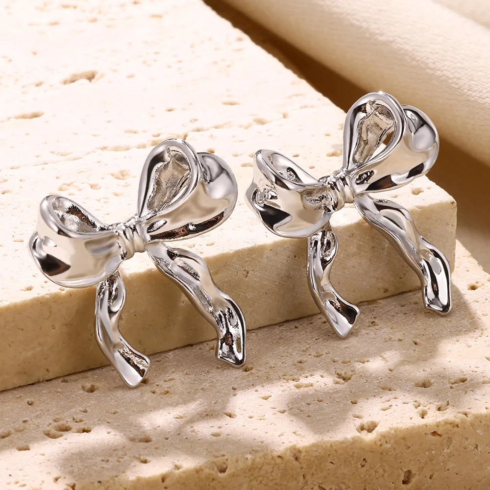 Gold Color Geometric Earrings For Women Bow Stud Nail Earring Fashion Cute Jewelry Piercing Ear Accessories Christmas Gift Aretes