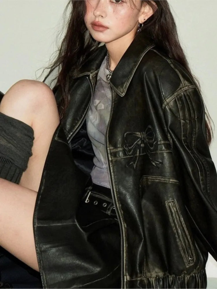 New Bow Y2k Motorcycle PU Leather Jacket Fashion Women Zipper Polo-neck Sweet Cool Coat 2024 Autumn Vintage Street Oversize Top