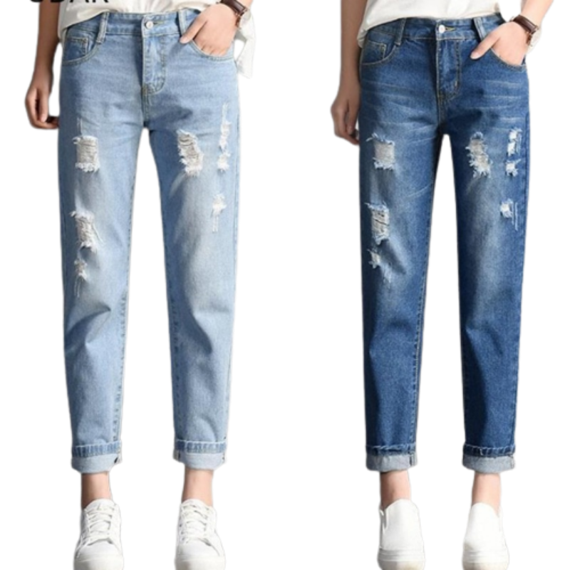 Trendy and Sexy Women Fashion Mid Waist Boyfriend Big Ripped Hole Jeans - Casual High Street Denim Pants for Vintage Style