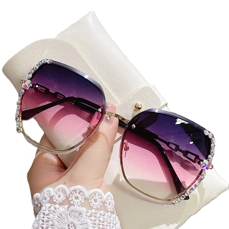 Rhinestone Decor Rimless Fashion Sunglasses For Women Men Casual Gradient Glasses For Summer Beach Party, UV400