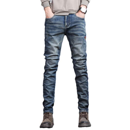 2024 New Spring Summer Men's Jeans Vintage Blue Solid Color Elastic Classic Jeans Men Slim Fashion Denim Trousers Male 27-38