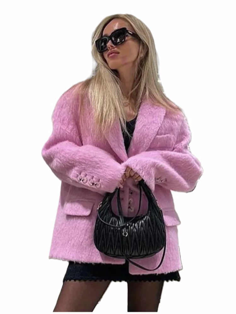 Single-Breasted Lapel Jacket Women's Solid Plush Coat with Double Pockets, Long Sleeves Autumn Elegance for Casual or Office Wear