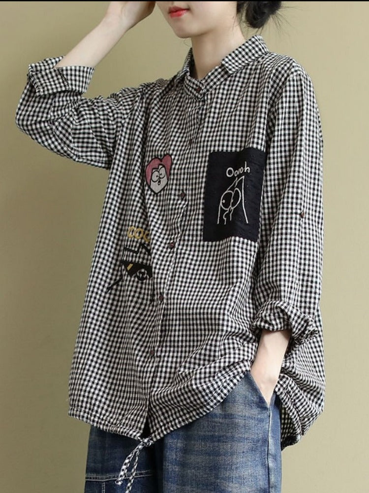 Vintage Plaid Cartoon Embroidery Oversized Female Shirt - Women's Casual Shirt in New 2023 Korean Style