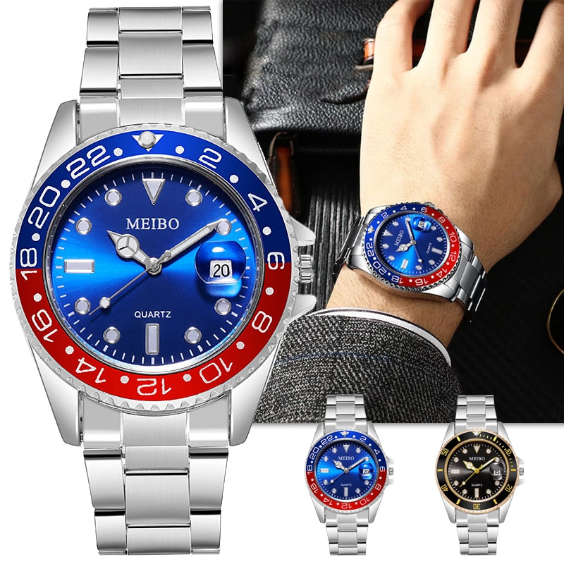 New Men's Watch Luxury Business Watch Blue Dial Date Watch Men Stainless Steel Band Fashion Male Wrist Watch Relogio Masculino