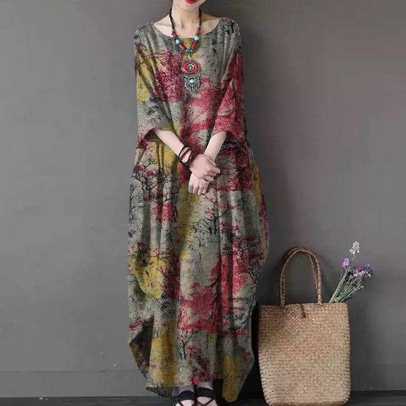 Vintage Women Sundress Casual Long Sleeve Printed Maxi Long Dress Kaftan Female Baggy Floral Vestidos Dresses