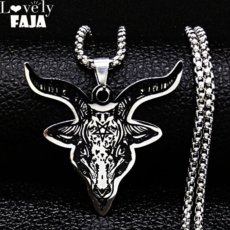Silver Color Statement Necklace for Men Stainless Steel Satan Sheep Head Necklace Jewelry